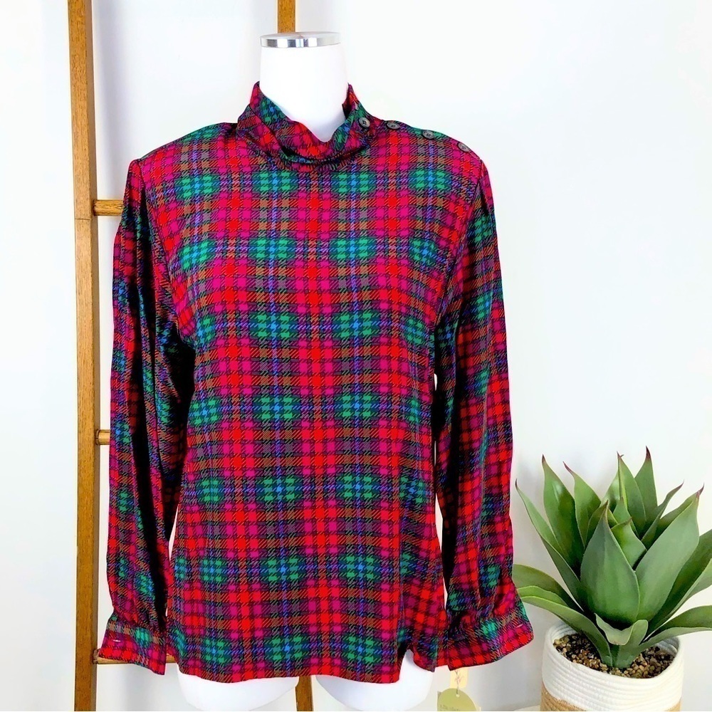 vintage 100% Silk bright colorful houndstooth plaid granny blouse size 10 NWT